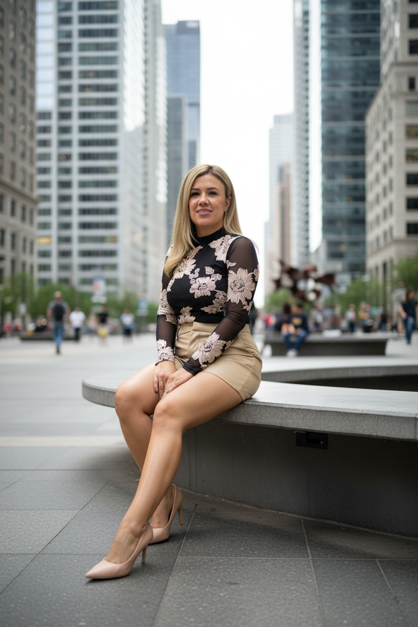 Blusa Negra de Mesh con Aplicaciones de Flores