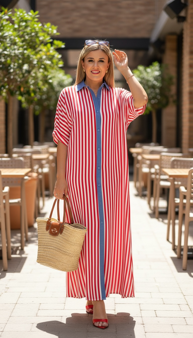 Vestido Estampado a Rayas Blanco/Rojo con Cuello Azul