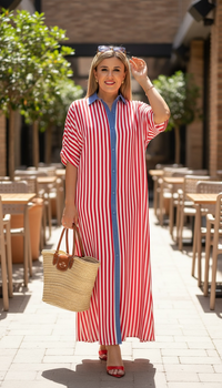 Vestido Estampado a Rayas Blanco/Rojo con Cuello Azul