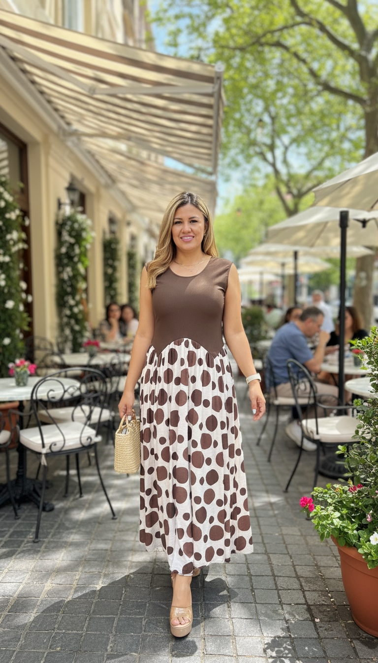 Vestido Largo Café con Falda Blanca Estampado Polka Dots