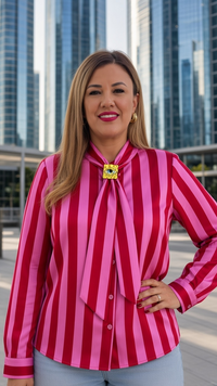 Camisa de Manga Larga Estampado a Rayas Rojo con Rosa con Hebilla Dorada de Ojo Turco