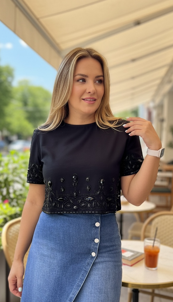 Blusa Negra de Manga Corta con Aplicaciones de Piedras