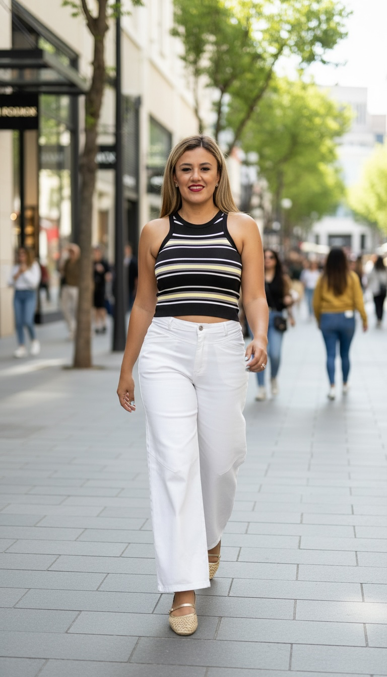 Blusa Corta Café sin Mangas Estampado A Rayas