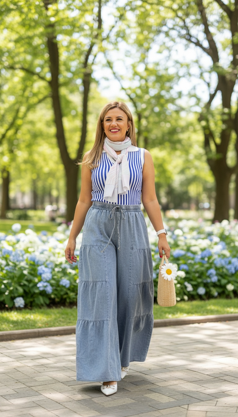 Blusa De Resaque Blanca con Rayas Azules y Cuello Tipo Polo