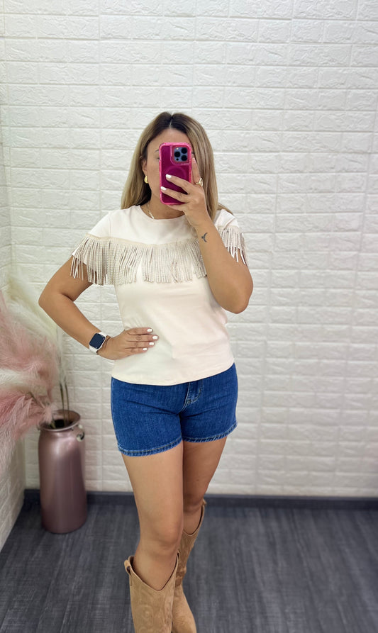 Blusa Vaquera Color Beige con Barbas en Línea con Destellos