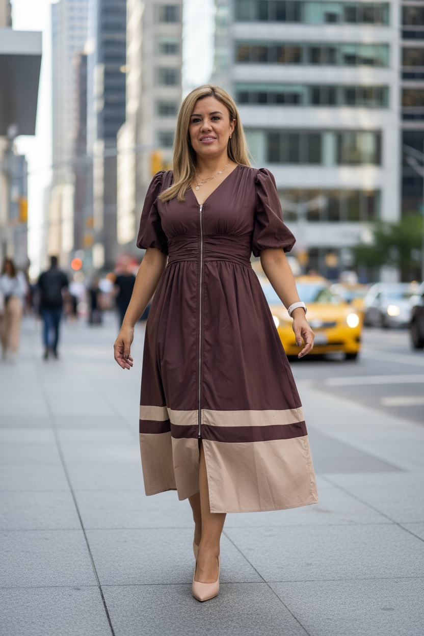 Vestido Café Largo de Cierre Completo