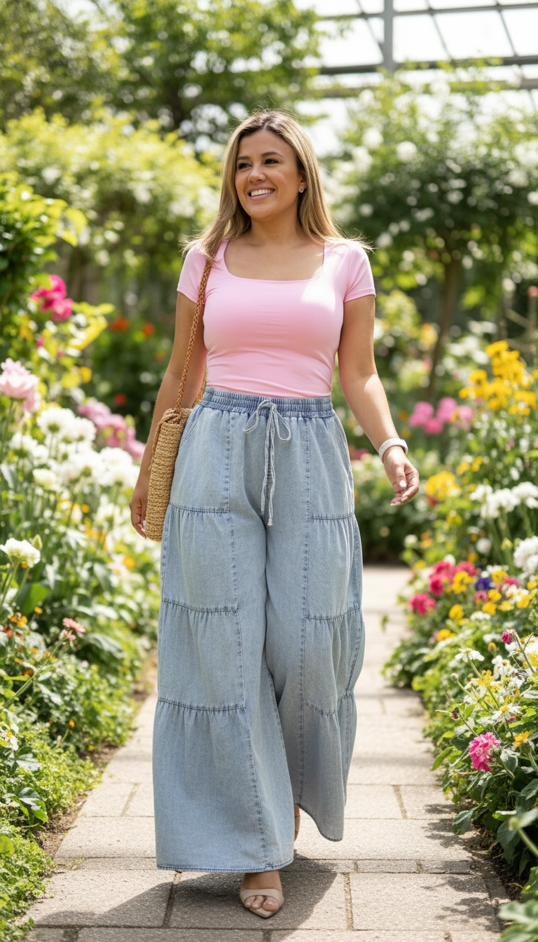 Blusa Rosa Básica con Copas Cuello Redondo Amplio