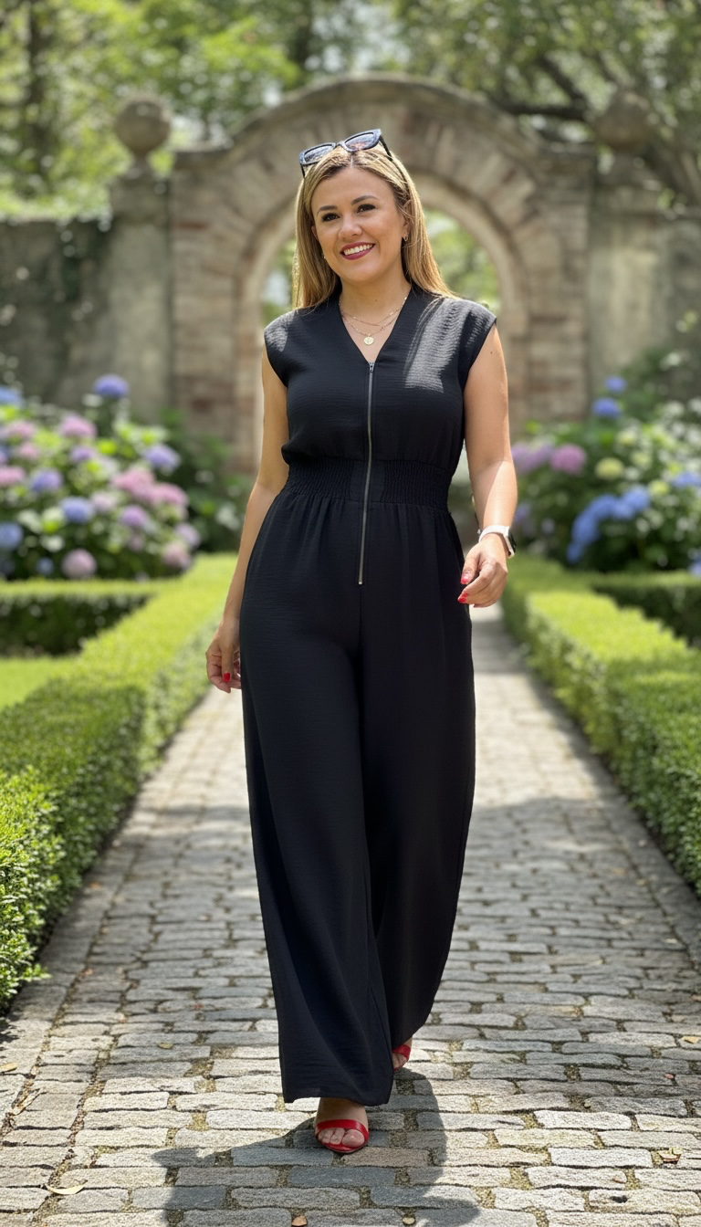 Jumpsuit con Ziper Color Negro Liso