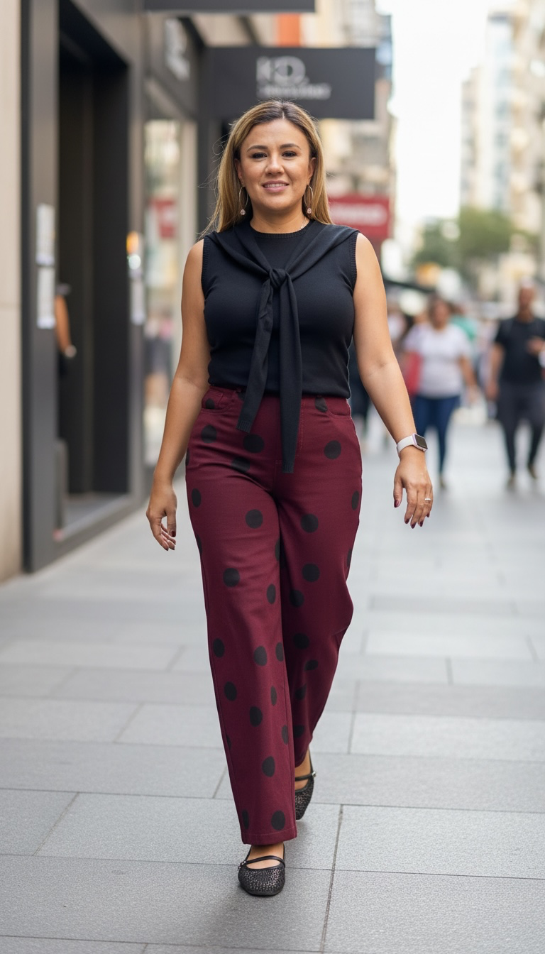 Jeans de Mezclilla Guindo Corte Barriel Jean Estampado Lunares Negros