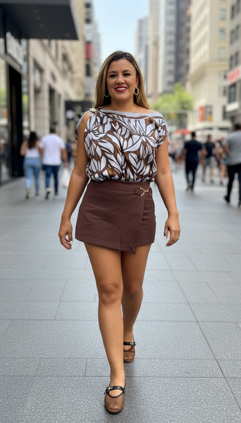 Falda Short Café con Hebilla Dorada