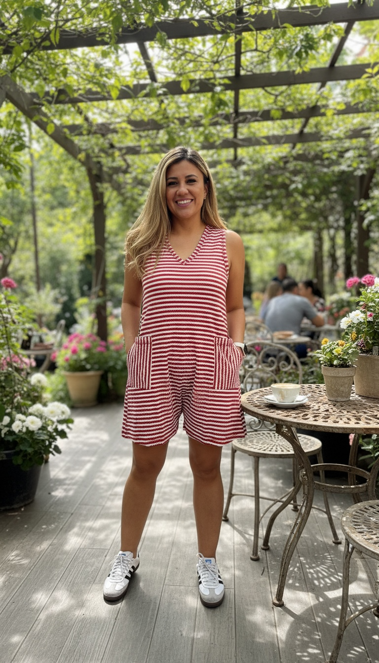 Romper Sin Mangas Estampado a Rayas Blanco/Rojo