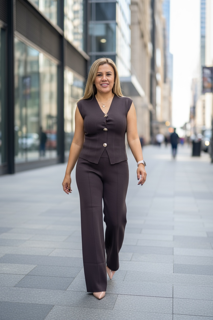 Conjunto Color Café de Chaleco con Botones Dorados y Pantalón