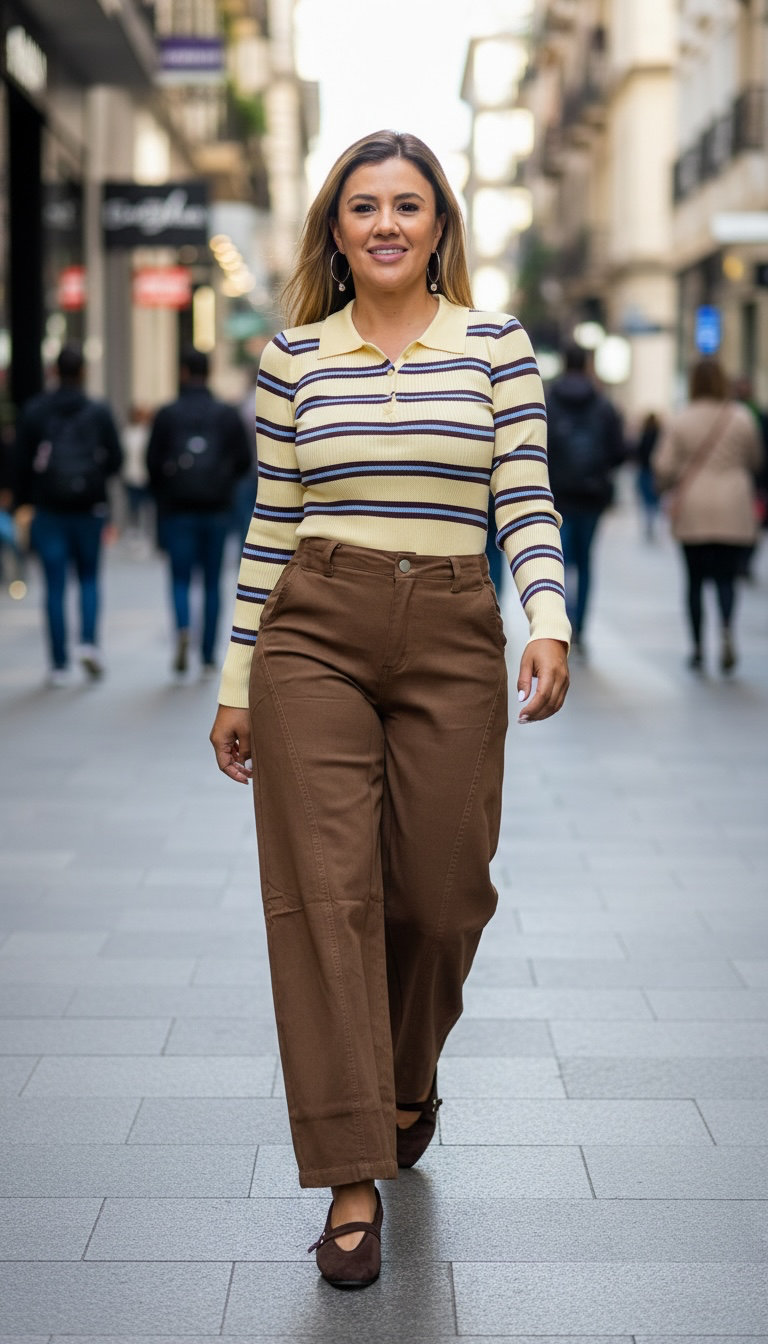 Blusa Suéter de Manga Larga Amarillo Estampado a Rayas