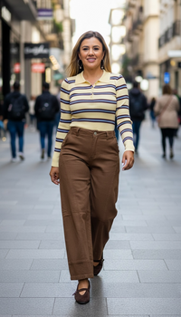 Blusa Suéter de Manga Larga Amarillo Estampado a Rayas