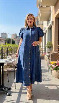 Vestido de Mezclilla Largo de Corte Amplio con Botones Dorados
