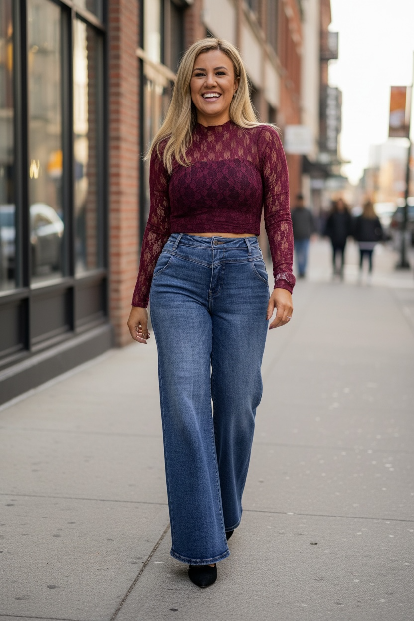 Blusa Guinda de Encaje con Bordado de Rosas