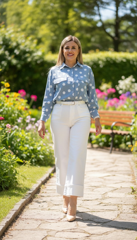 Blusa de Manga Larga Azul con Lunares Blancos