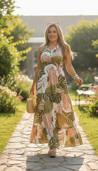 Vestido Verde sin Mangas con Estampado Hojas de Colores