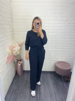 Conjunto Casual Negro de Blusa Manga 3/4 y Pantalón con Jaretas