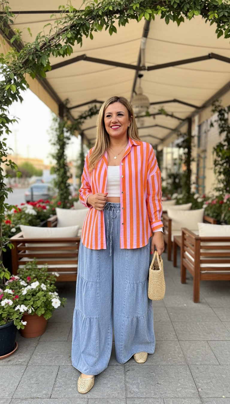 Blusa Rayada de Manga Larga Rosa con Naranja