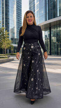 Pantalón Negro con Estampado Lunares Blancos Con Forro de Gasa Negro