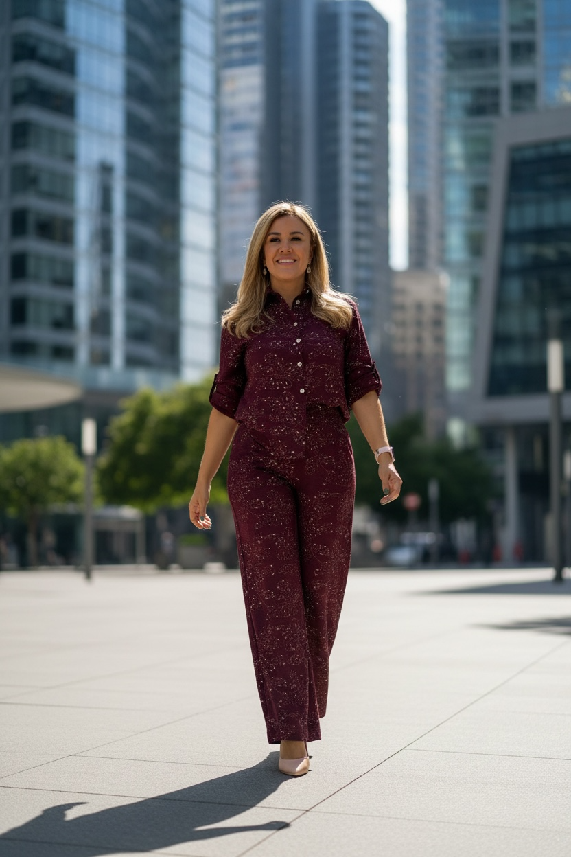 Conjunto Guindo Bliusa y Pantalón Con Bordados y Lentejuela