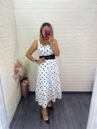 Vestido Blanco Largo  de Tirantes Estampado Lunares Negros