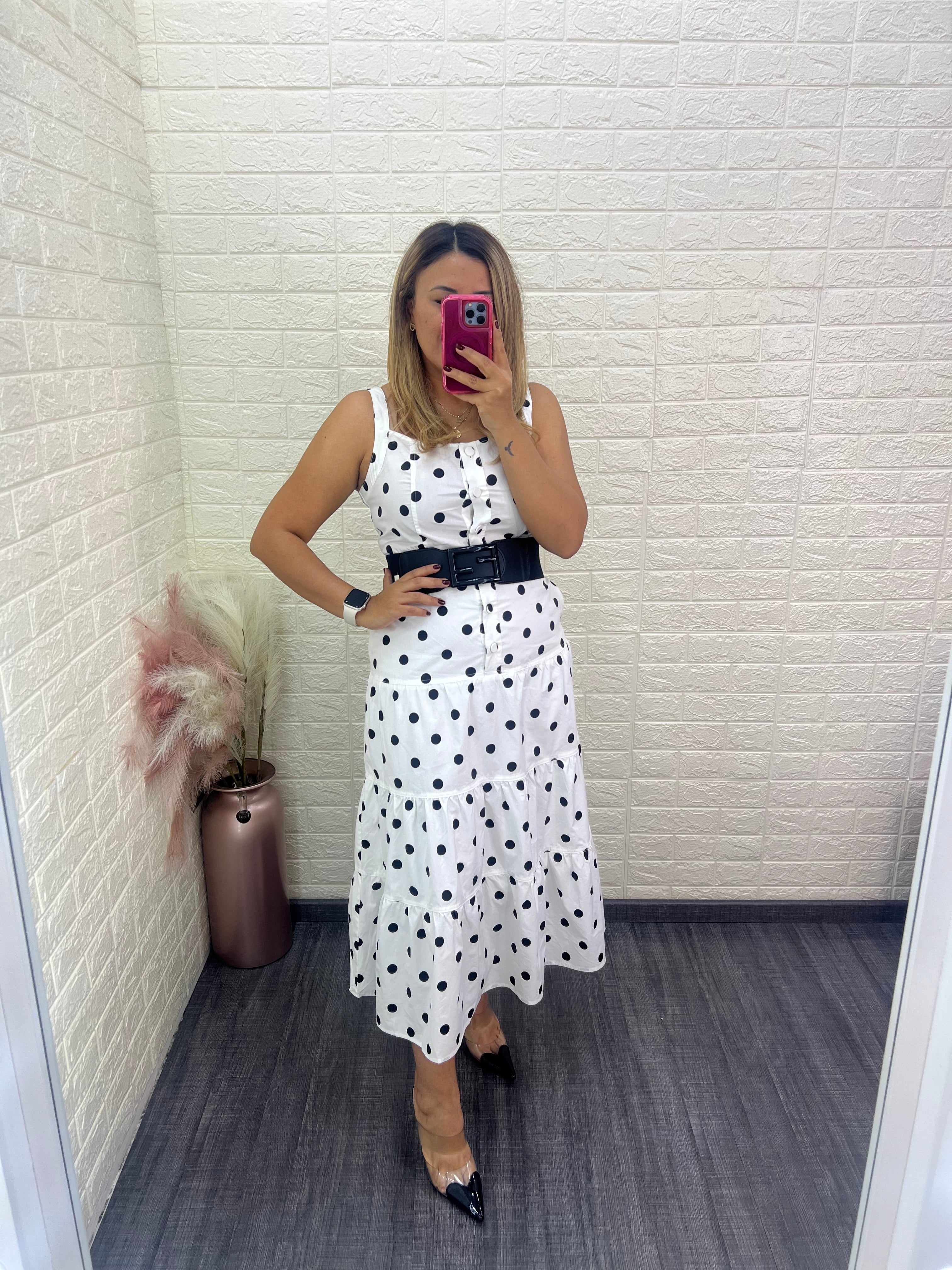 Vestido Blanco Largo  de Tirantes Estampado Lunares Negros