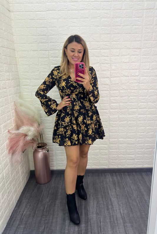 Vestido de Manga Larga Negro con Estampado Flores Amarillas
