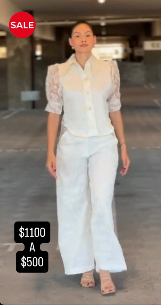 Conjunto Blusa y Pantalón Blancos con Gasa con Bordados en Color Ivory (MUY REDUCIDO)