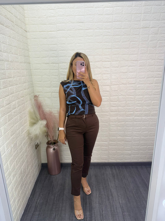 Blusa Casual Café Con Rayas Azules