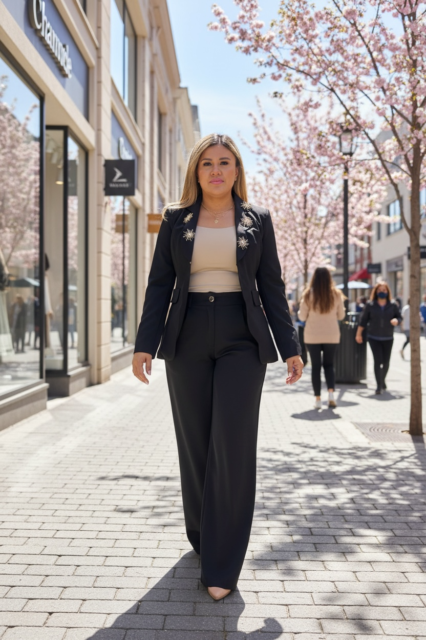 Conjunto de Blazer y Pantalón Negros con Botones de Sol