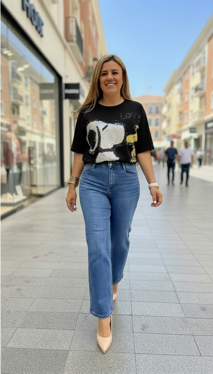 Playera Negra Over Size Estampado Snoopy