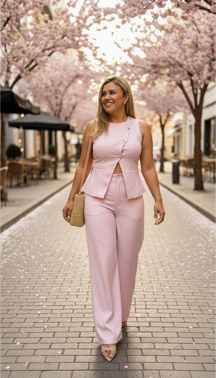 Conjunto Rosa de Blusa con Botones Decorativos y Pantalón