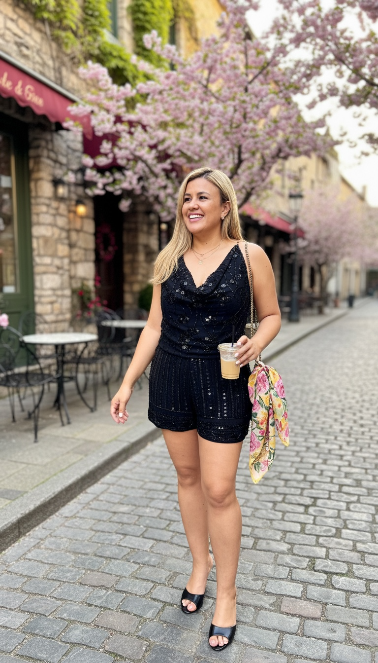 Conjunto Negro de Blusa y Short con Aplicaciones de Lentejuela y Brillos