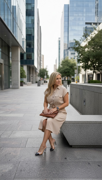 Vestido Beige de Botones y Cintillo