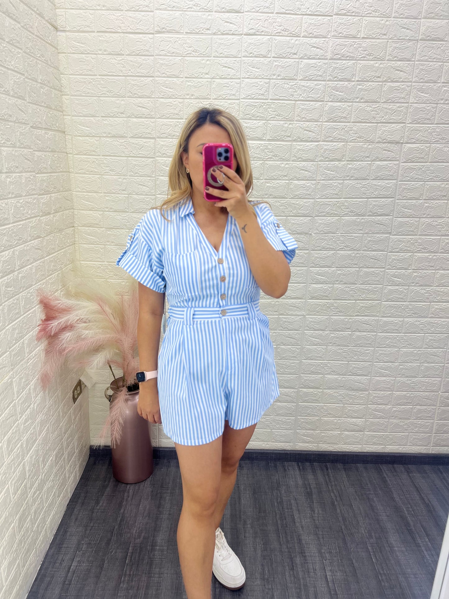 Romper de Botones Estampado Rayas Blanco / Azul