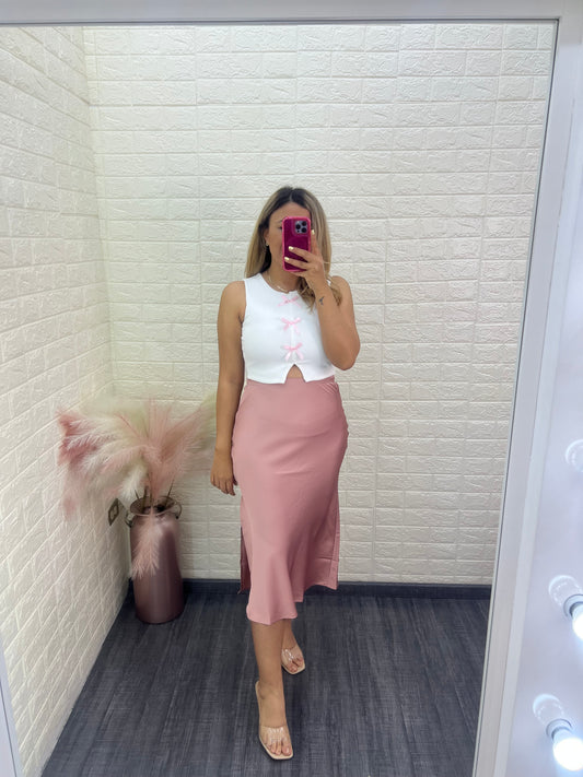 Falda Satinada de Cintura Elástica Color Rosa Viejo