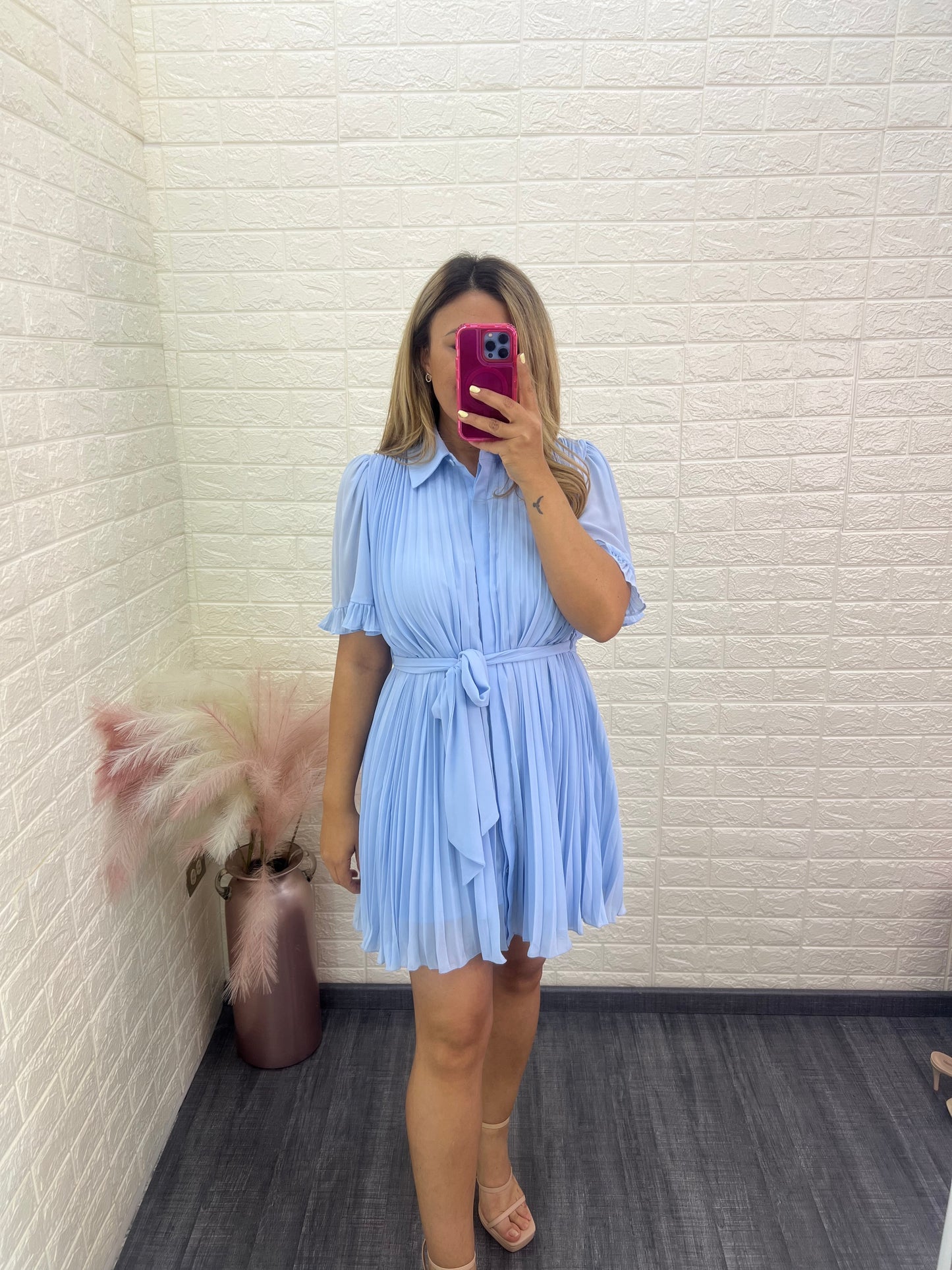 Vestido Color Sky Blue Plisado con Cinto
