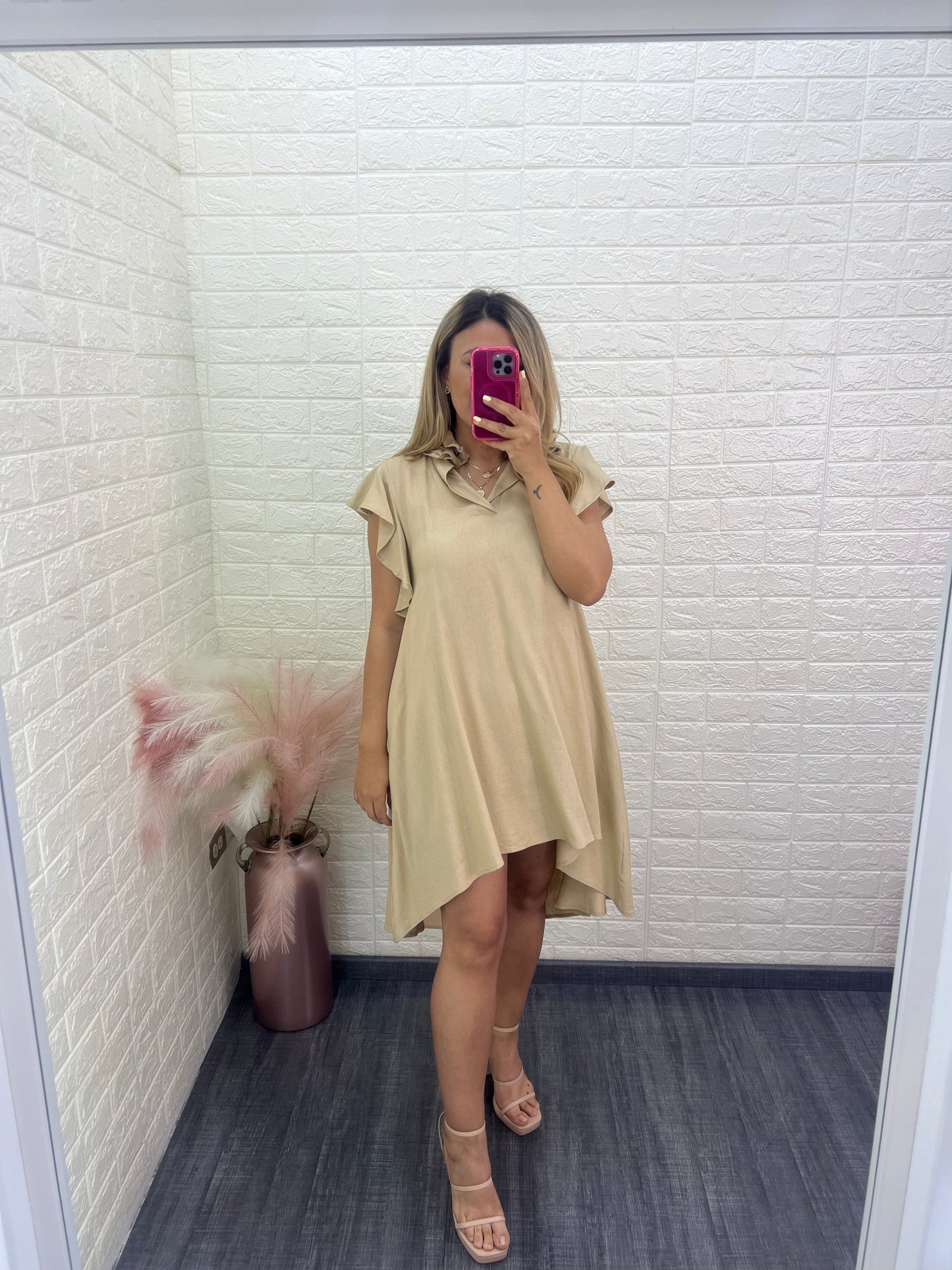 Vestido Beige Liso Corte Suelto