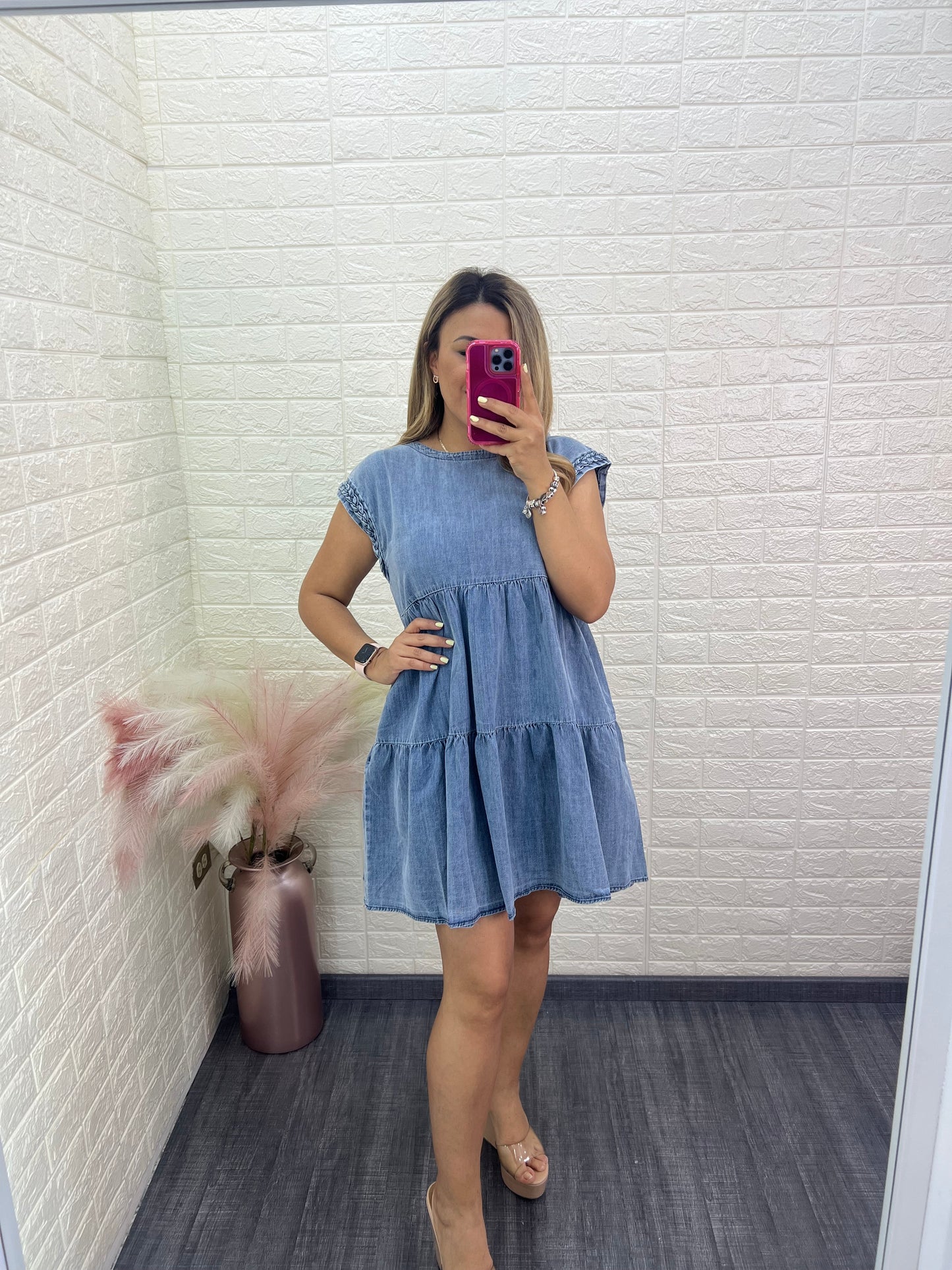 Vestido Azul Mezclilla con Trenzado en las Mangas