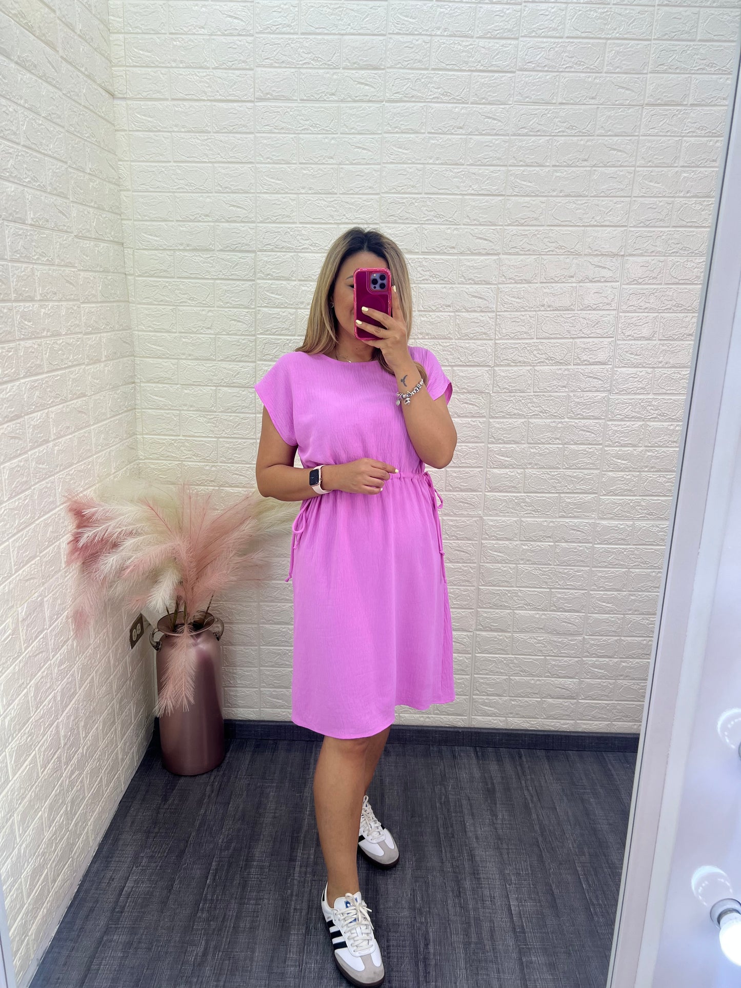 Vestido de Manga Corta con Jaretas Color Rosa