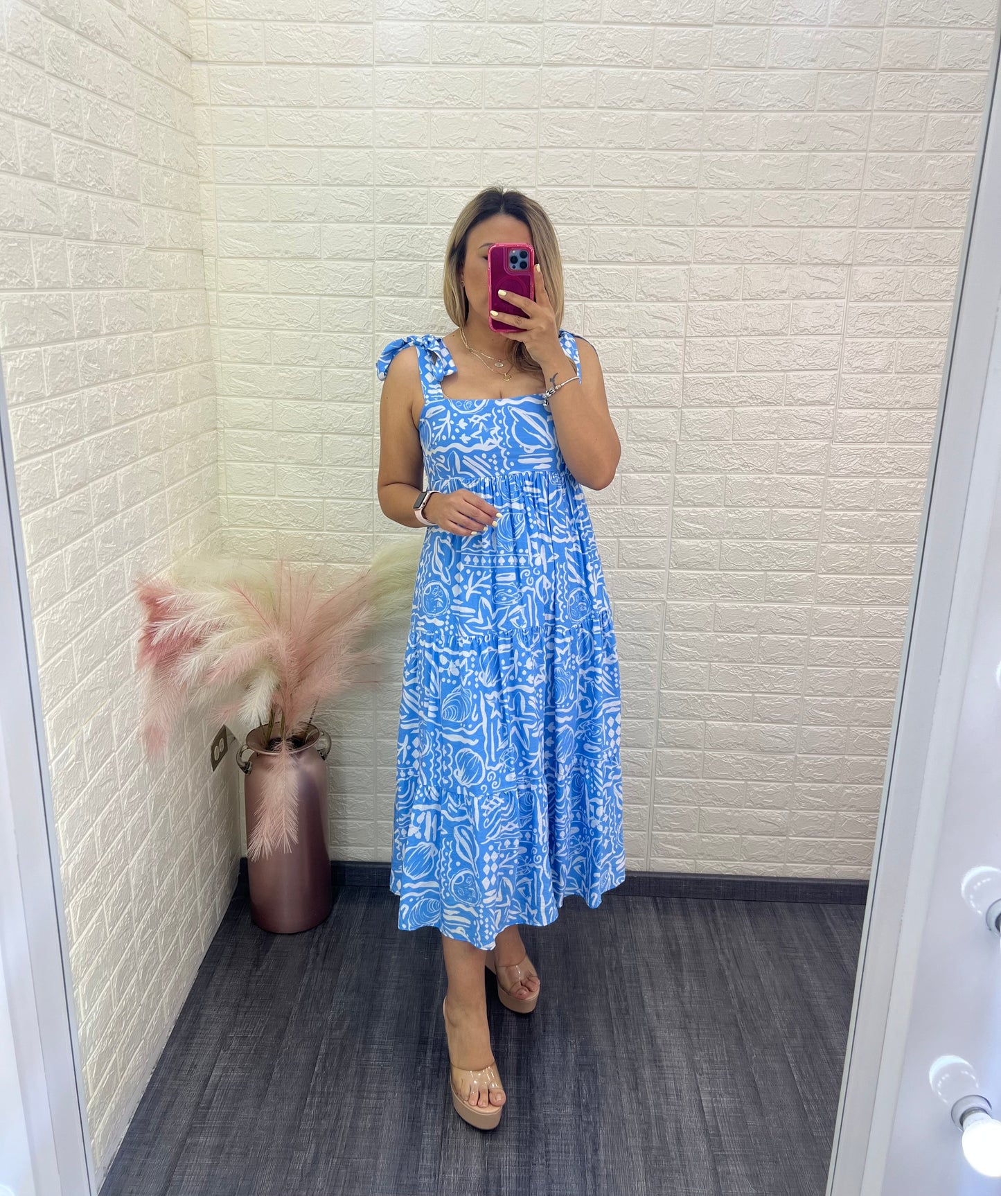 Vestido Azul Claro Estampado de Tirantes con Nudos