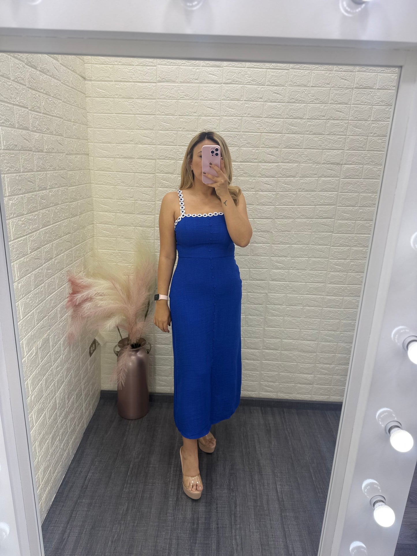 Vestido Largo Color Azul rey de Tirantes con Flores