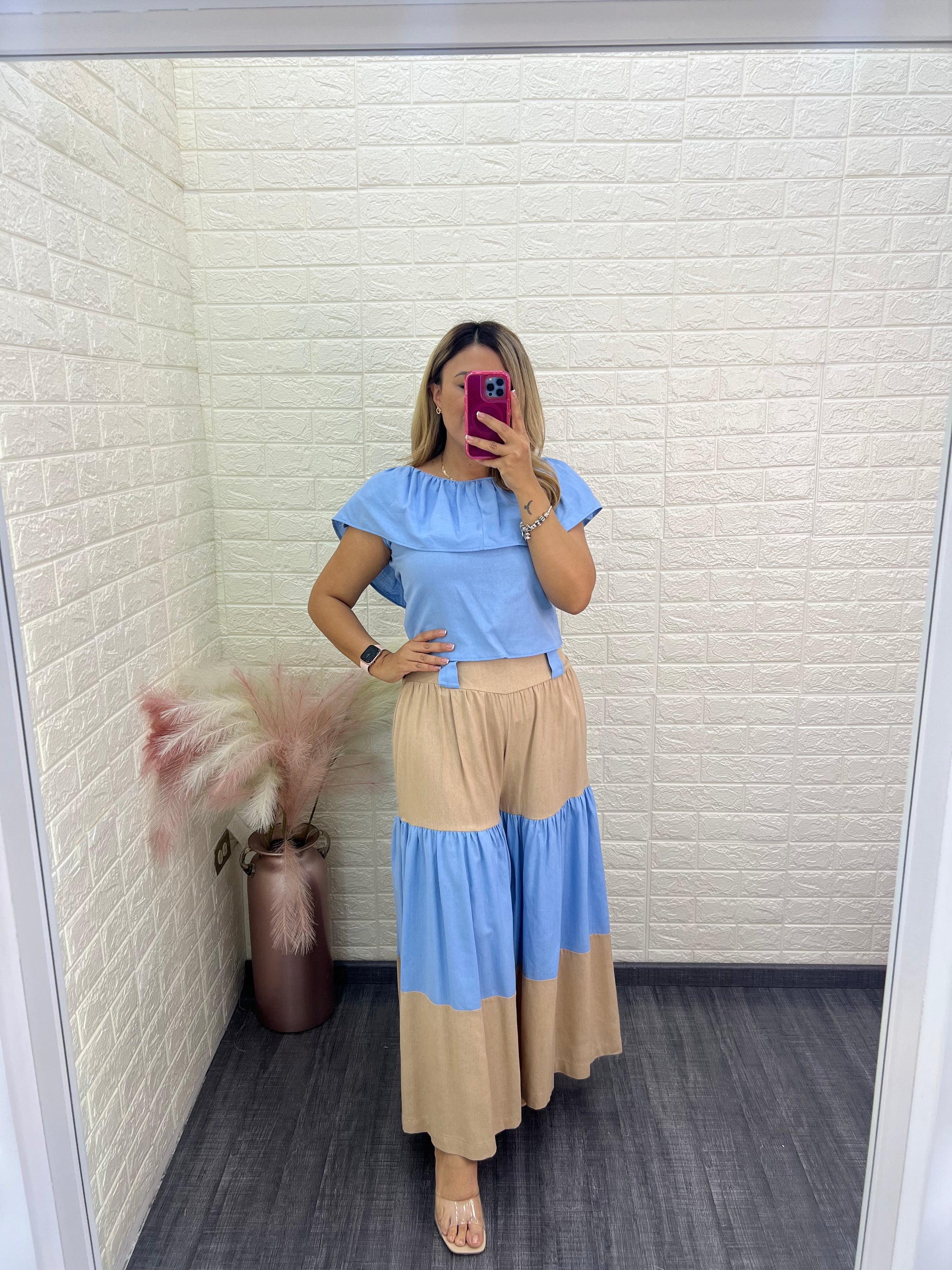 Conjunto de Blusa Azul y Falda Bicolor en Tela de Lino – Lady Fashion