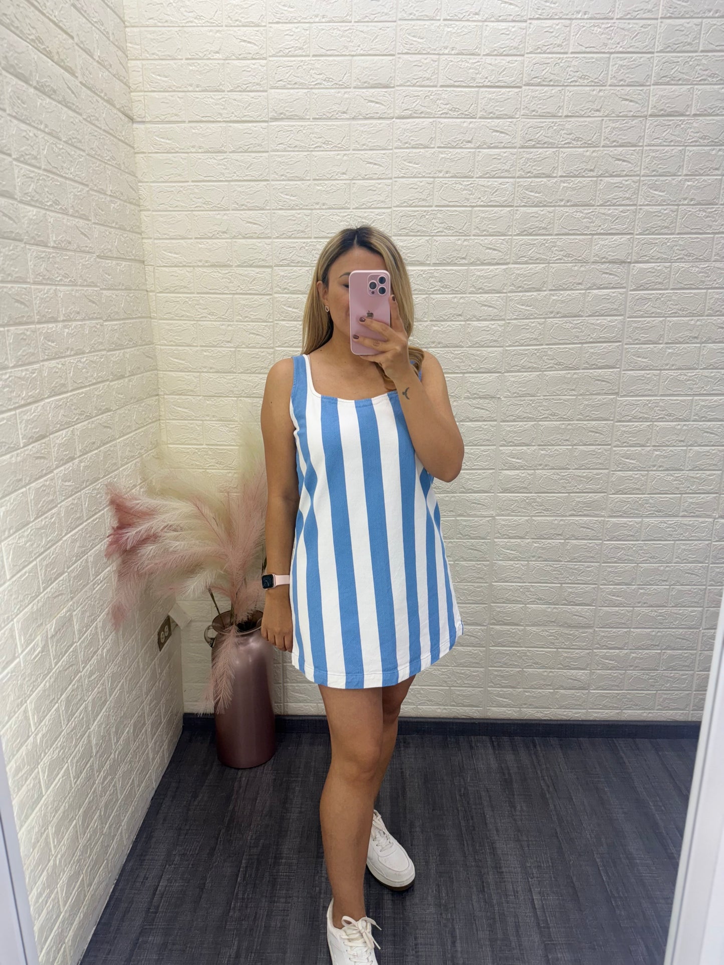 Vestido Corto de Tirantes Estampado Rayas Azul/Blanco