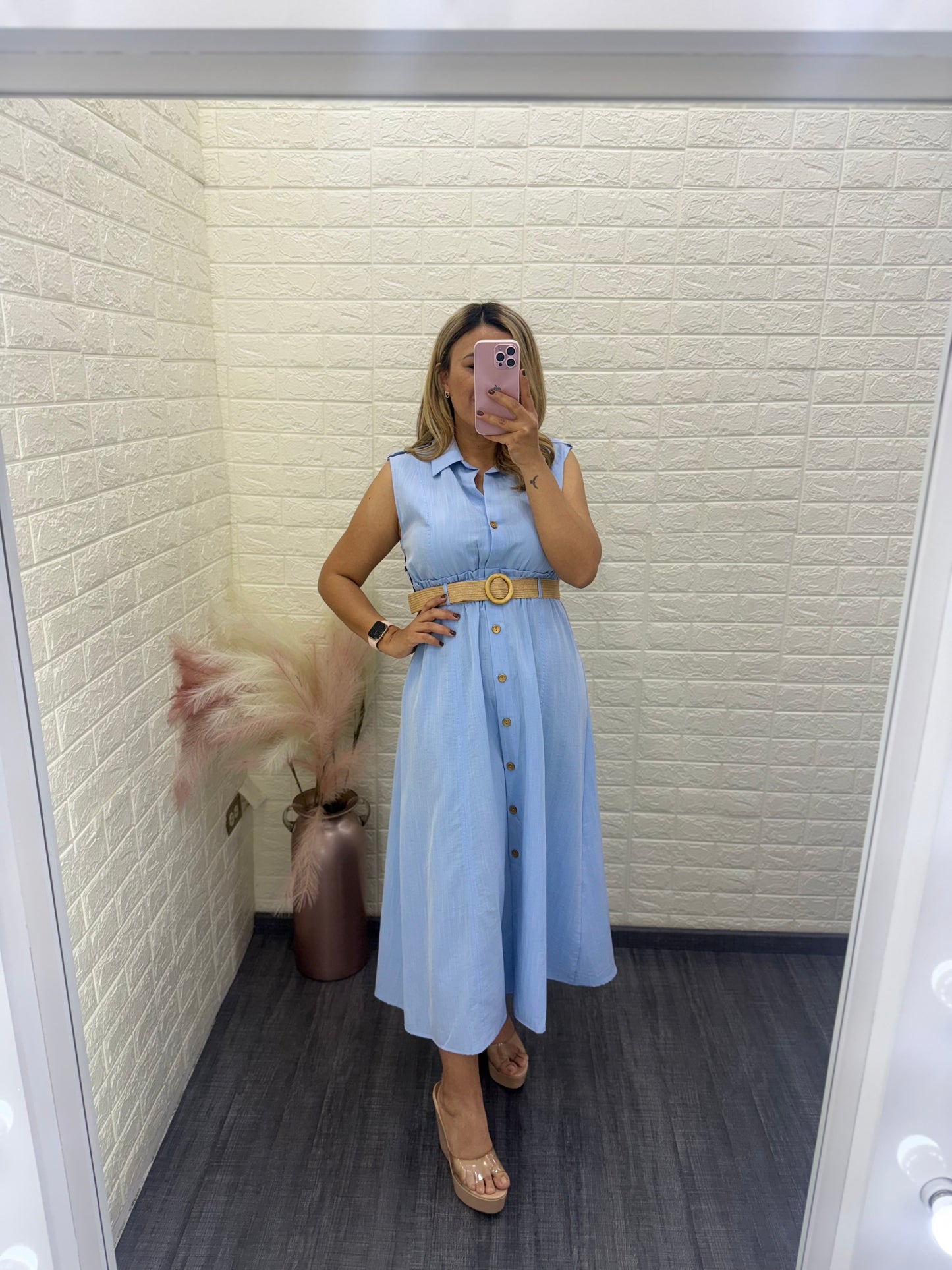 Vestido Beige con Cintillo, de Botones sin Mangas Color Sky Blue