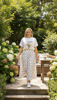 Falda Larga Blanca Estampado Polka Dots Cafés