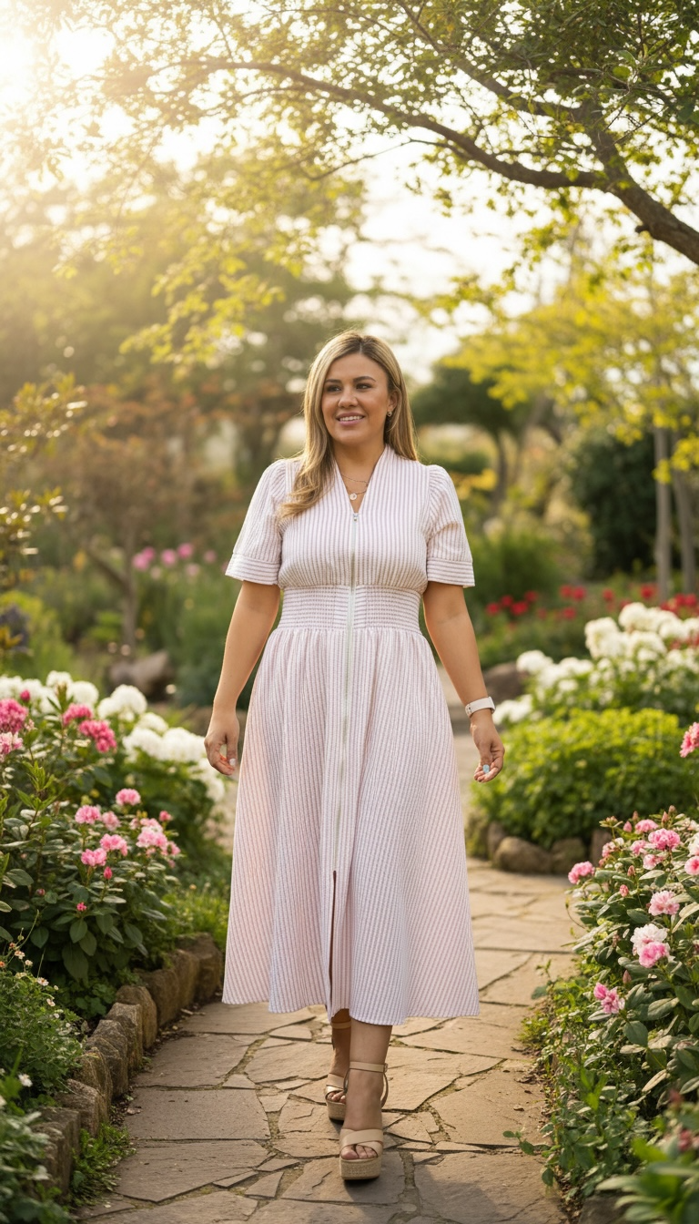Vestido Blanco con Estampado Rayas Rosas con Ziper Completo