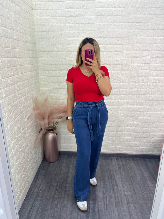 Pantalón de Mezclilla Con Cintura Elástica y Jaretas